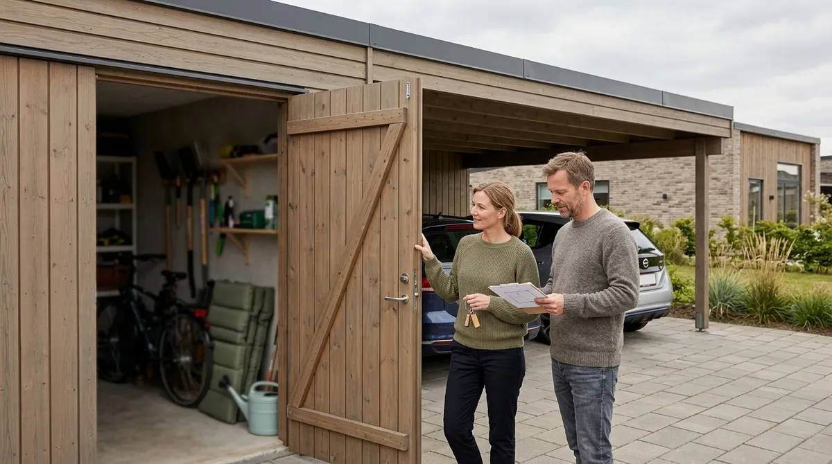 Dobbelt carport med skur: Priser på integreret redskabsrum